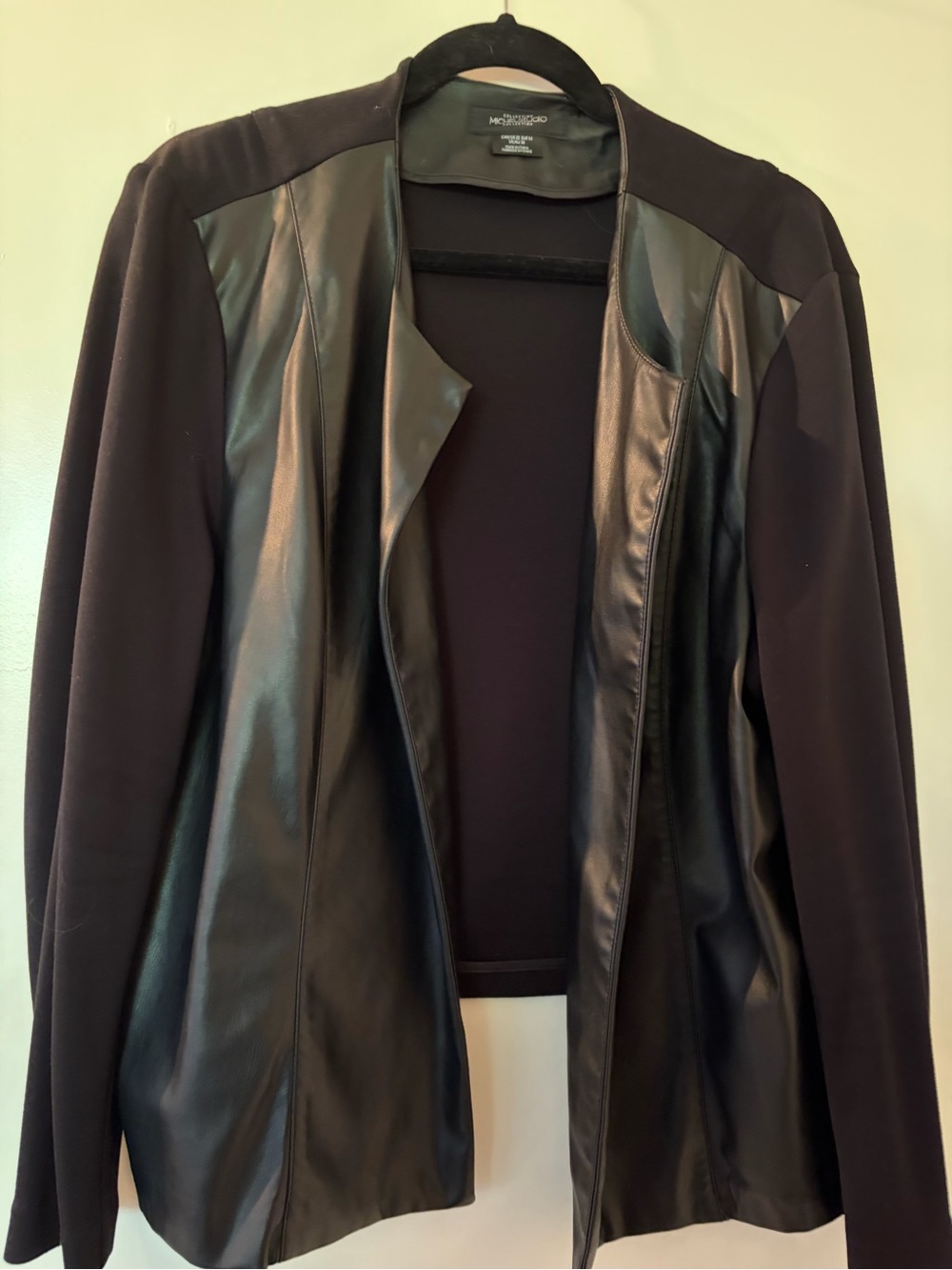 Michel Studio Black Open-Front Faux-Leather Panel Blazer